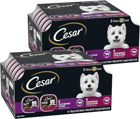 Cesar Wet Dog Food Classic Loaf in Sauce, Filet Mignon Flavor and Porter House Flavor, 3.5 oz. Easy Peel Trays, 12 Count (Pack of 2)
