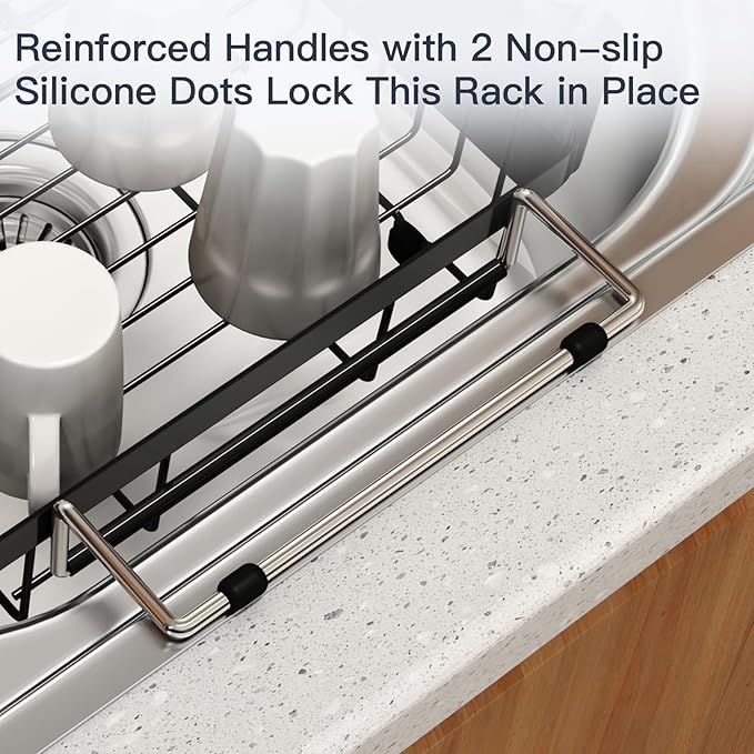 Small Expandable Over The Sink Dish Drainer Drying Rack In Stainless Steel Metal For Kitchen, Counter Space Saving Black Compact Above Plate Dryer Strainer, Adjustable Hanging Inside Sink Drain Holder