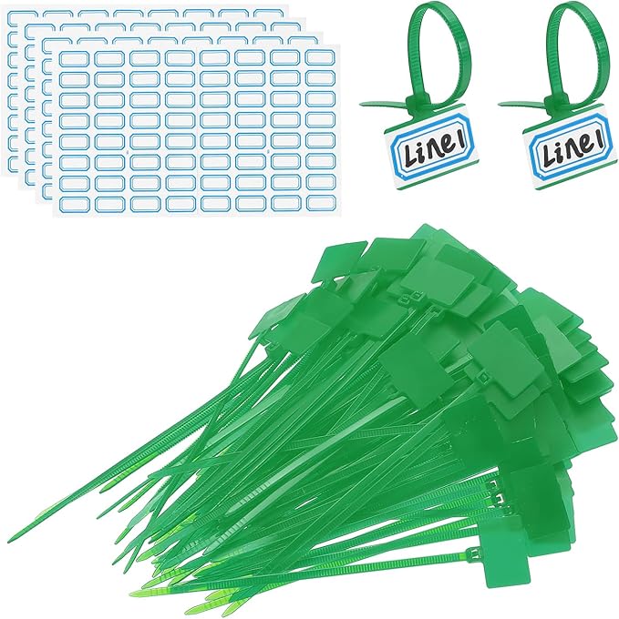 PATIKIL 4inch Zip Ties, 200pcs Cable Ties Tags Nylon Wire Marking Label Self Locking Plastic Straps Write on with Label Tags Paper for Organization Cord Network Ethernet Marking, Green