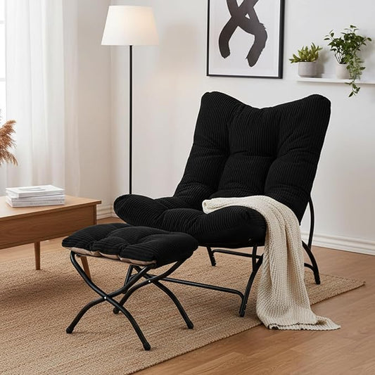 Welnow Modern Accent Chair with Ottoman, Upholstered Comfy Lounge Recliner Sofa, Thick Cushion Oversized Lazy Reading Chair with Footrest for Living Room, Bedroom, Apartment, Office, Dorm, Black