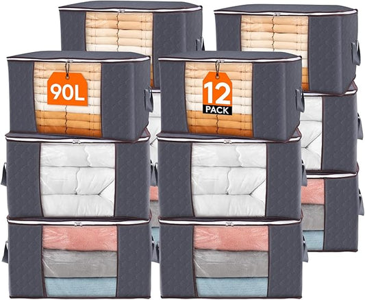 Lifewit Large Capacity Clothes Storage Bag Organizer with Reinforced Handle Thick Fabric for Comforters, Blankets, Bedding, Foldable with Sturdy Zipper, Clear Window, 12 Pack, 90L, Grey