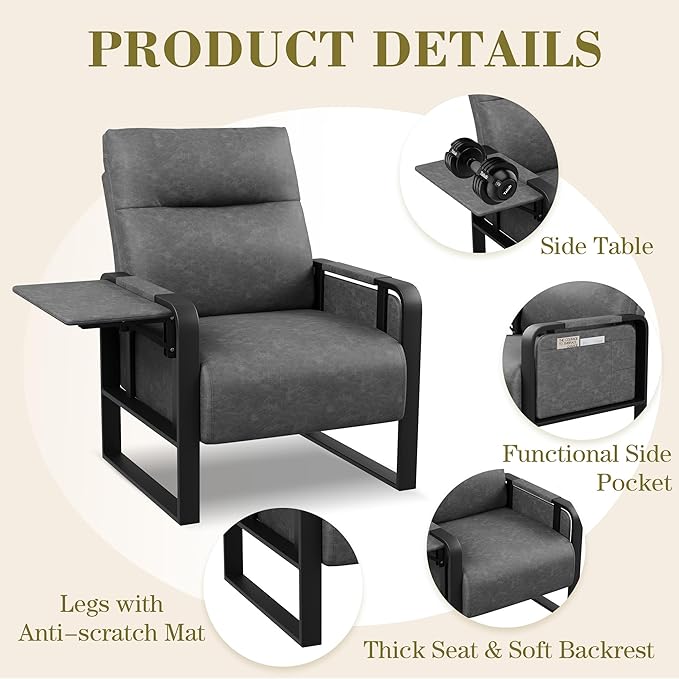 Modern PU Leather Accent Chairs Set of 2 Upholstered Armchairs with Tray Table Leisure Side Chairs for Living Room Bedroom Office Grey