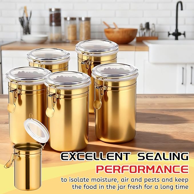 6 Pcs Stainless Steel Food Storage Containers Set Airtight Kitchen Canisters Coffee Jar with Clear Lid and Locking Clamp for Coffee Bean, Tea, Flour, Sugar, Cookie Storage(40.6 oz)