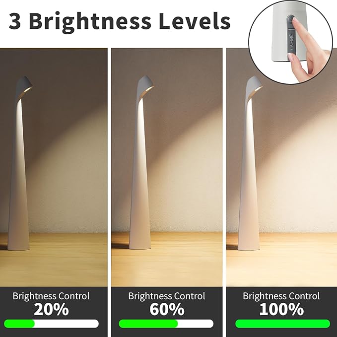 Portable Cordless LED Desk Lamp, Rechargeable Wireless Table Lamp, 3-Level Brightness, Patio & Bedside Night Light, Dining Room Ambient Reading Light (White)