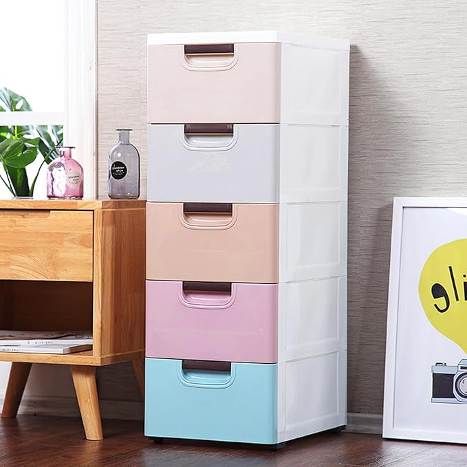 5 Drawer Stackable Storage Tower,Plastic Drawers Dresser,Narrow Rolling Storage Cabinet for Livingroom Bedroom,Colored