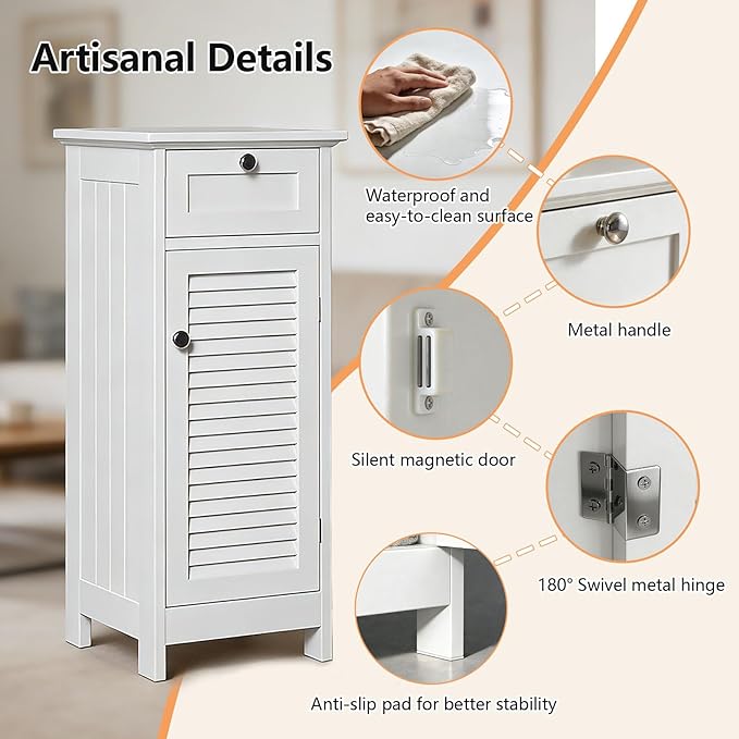 Small Bathroom Storage Cabinet, Freestanding Narrow Floor Cabinet with Drawer & Shutter Door for Small Spaces, Storage Organizer for Bathroom, Living Room, Entryway, 12.6 x 11.8 x 34.3 in