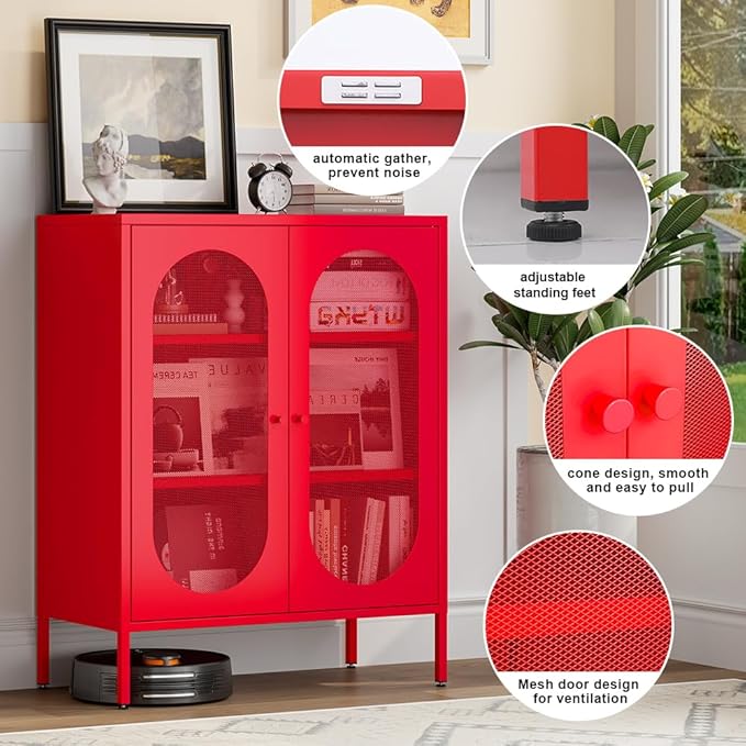 Red Metal Locker Storage Accent Cabinets with 2 Adjustable Shelves, 3 Tier Metal Storage Cabinet with Legs, Steel Cupboard Lockers for Kids Bedroom, Home, Office, Entryway, Kitchen (Mash Door)