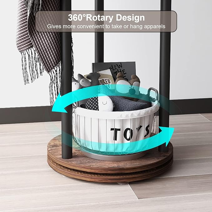 Rotary Coat Rack Freestanding Metal Coat Hall Tree Stand with 4 Tiers Storage Display Shelf and 9 Hooks for Entryway Bedroom Corner Office Garment Clothes Holder (Brown)