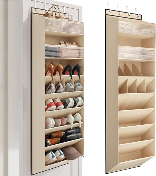 16-20 Pairs Over the Door Shoe Organizer, Clear Pockets Shoe Rack for Closet Door, Hanging Shoe Rack for Boots, Behind the Door Shoe Holder Fit All the Family's Sneakers, Boots, Heels, Beige