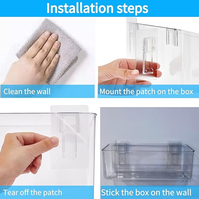 Step-by-step installation guide for a clear plastic box with adhesive patches.