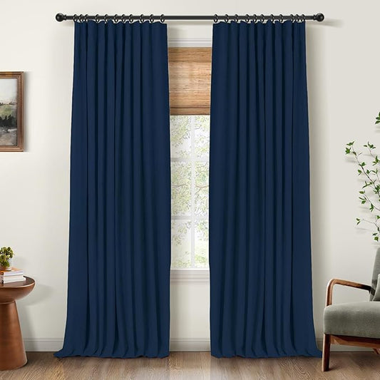 INOVADAY 100% Blackout Curtains for Bedroom, Black Out Curtains 80 Inch Long, Clip Rings Linen Blackout Drapes, Thermal Insulated Room Darkening for Living Room, 2 Panels - Midnight Blue, W50xL80