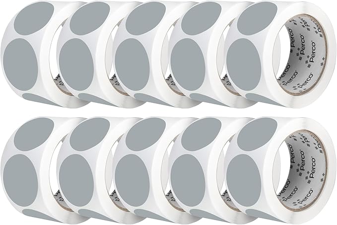 Perco Grey 2-Inch Perforated Circle Dot Sticker Labels — 10 Rolls, 5,000 Round Stickers — with Permanent Adhesive for Organizing, Color Coding, Bin Labeling, Packaging Alerts—Made in USA