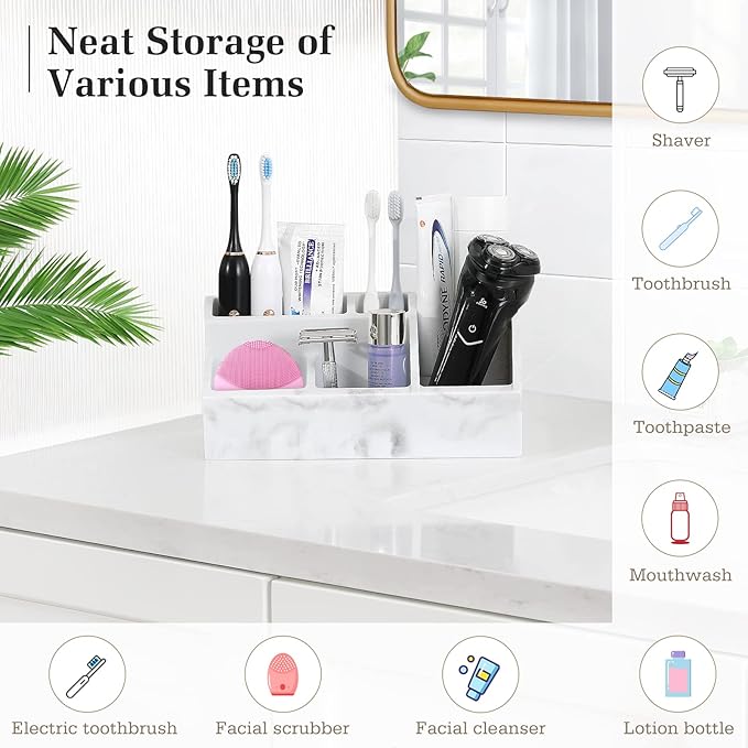 Luxspire Electric Toothbrush Holders, Bathroom Organizer Countertop Caddy 5 Slots Resin Large Toothbrush Holder Caddy Toothpaste Razor Marble Toothbrush holders for Bathroom Accessories, Gravel White