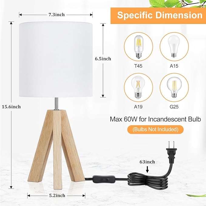 Small Beside Table Lamp, Wood Tripod Table Lamp with White Fabric Shade, Cute Boho Nightstand Minimalist Desk Lamp for Bedroom Living Room Nursery Kids Room Office Dorm, Bulb Not Included