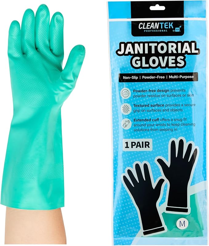 Green Cleaning Gloves 10 Pairs 15 Mil Thick Medium Heavy-Duty Nitrile Gloves With Long Cuff No-Latex Flock Lining For Use In Hospitals, Laboratories, Kitchens and Households