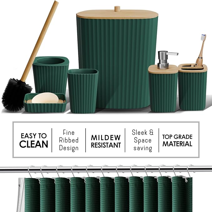 Clara Clark Bathroom Accessories Set - Bathroom Set, Bathroom Sets with Shower Curtain and Rugs, Shower Curtain Set with Bathroom Trash Can - Ombre Green - 22PC