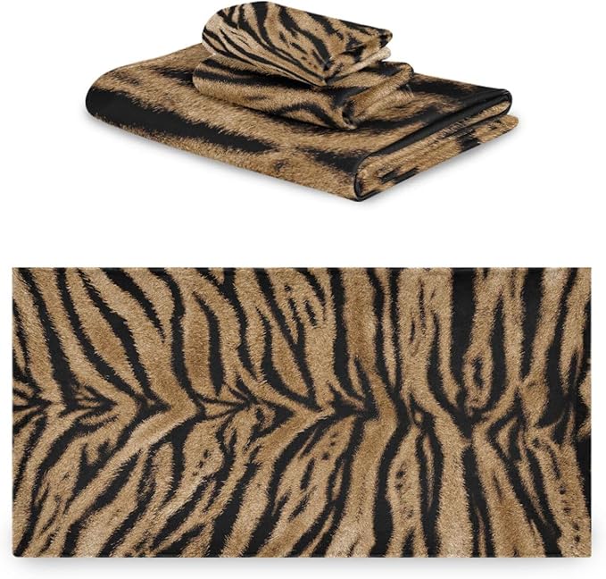 3 Piece Tiger Skin Print Bath Towel Set,Microfiber Absorbent Brown Black Striped Animal Tiger Decorative Bathroom Towels,1 Bath Towel 1 Hand Towel for Bathroom Kitchen,1 Washcloth for Face