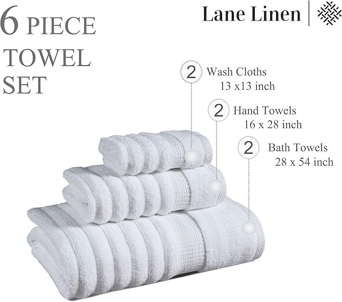 LANE LINEN Bath Towel Set - 6 Piece Cotton Towels - Softer, Highly Absorbent & Fast Drying Towel - 2 Bath, 2 Washcloths, 2 Hand Towels for Bathroom - Hotel Quality, Ideal for Spa & Travel - White