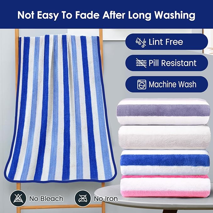 Bath Towels Set, Large Microfiber Bath Towel for Body, 2 Pack, 30" x 60", Oversized, Soft, Super Absorbent,Fast Drying, Perfect for Shower, Sauna, Gym, Sports, Fitness, Yoga, Cabana Stripe Blue