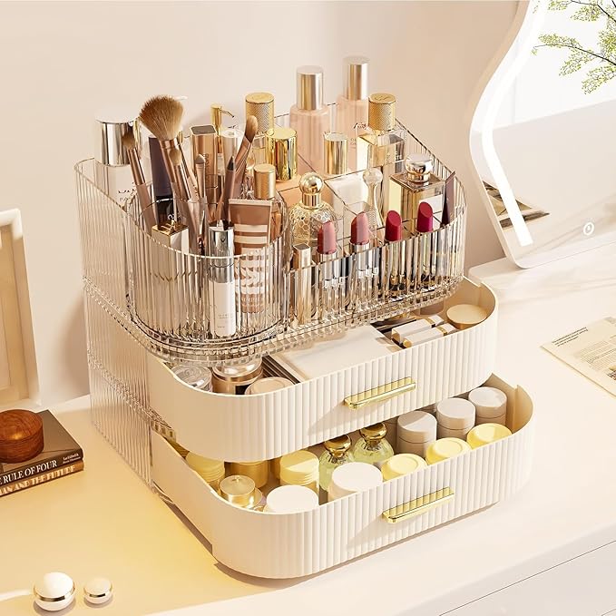 Makeup Organizer with Stackable Drawer, 360 Rotating Makeup Brush Holder, 11-inch Wide Large Cosmetic Display Case, Skincare Organizers and Storage for Dresser, Vanity, Bathroom Countertop