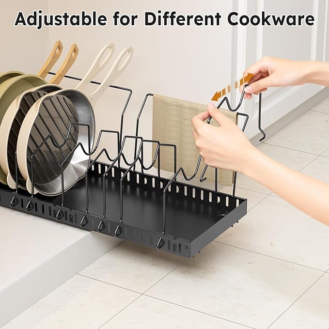 Pull-out Pots and Pans Organizer Under Cabinet - 2 Pack Expandable Pot and Pan Organizer Rack with 10 Adjustable Dividers for Pot, Cutting Board, Dishes, Lid, Baking Tray