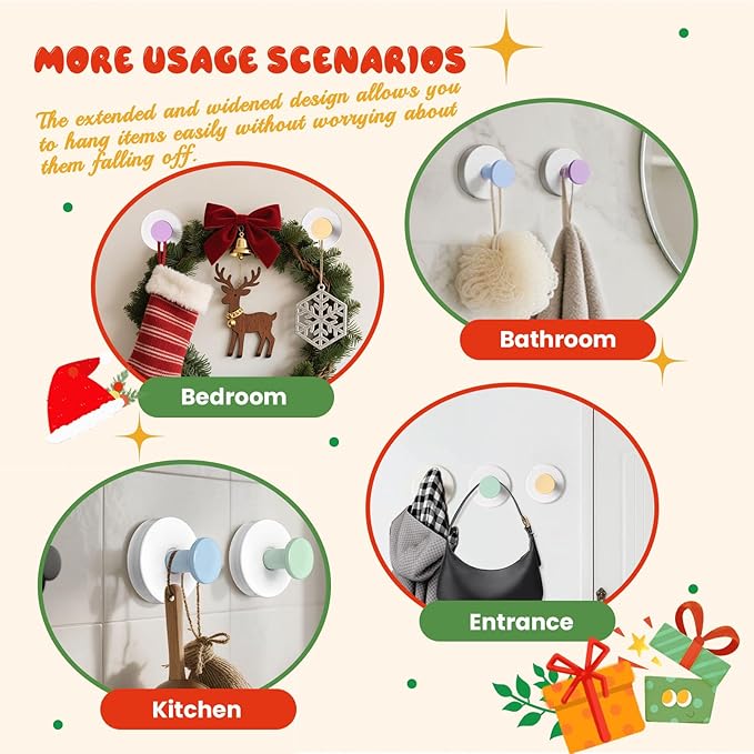 Suction Cup Hooks, Suction Cup Hooks for Shower,Removable Towel Hooks for Bathroom Window Glass Door Wall, Bath Robe Looafh Wreath Hook for Hanging