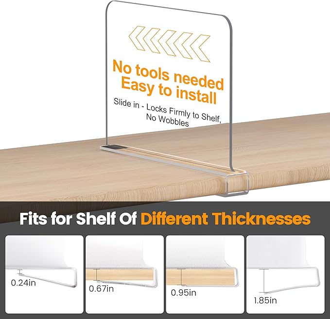 Purse Organizer for Closet Shelf Dividers: 8" Tall X 12" Deep, Acrylic Clear Closet Shelf Divider, Bag Storage for Clothes Sweater, Vertical Separators for Wood Cabinet, Handbag Organization, 12 Pack