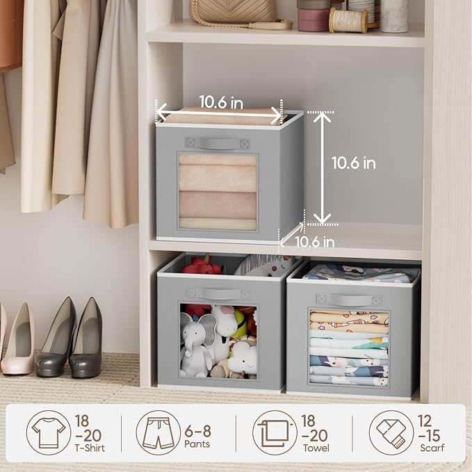 Foldable Storage Cubes - Cubby Storage Organizer with Window, Decorative Baskets for Organizing, Fabric Bins for Clothes Storage, Closet Storage Cubes 11inch, Set of 12, Grey