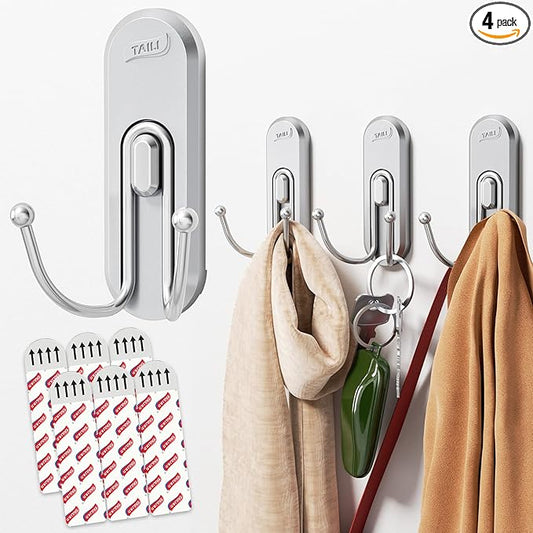 TAILI Adhesive Hooks for Hanging, 4 Coat Hooks & 6 Strips, Heavy Duty No-Drill Removable Large Wall Hanger for Towel, Backpack, Hat, Door,Kitchen Home Decor, Decorative Key Holder - Silver