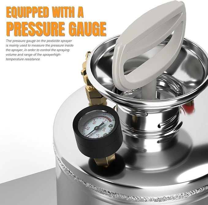 1.5 Gallon Hand Pump Sprayer, 304 Stainless Steel Garden Chemical Sprayer with Pressure Gauge, Adjustable Nozzle, 16" Sprayer Wand, 3.3ft Hose & Safety Valve