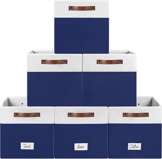 6-Pack Storage Cubes with Handles & Label Holders Basket, Closet Cube Home Organizer Bins(White/Blue, 13 x 13 x 13 inch)