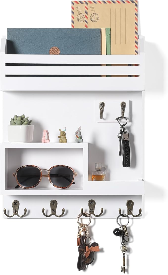 Key Holder for Wall, Wall Mounted Mail Organizer with 6 Metal Key Hooks, Key Racks for Home Entryway Decor, Luxury White