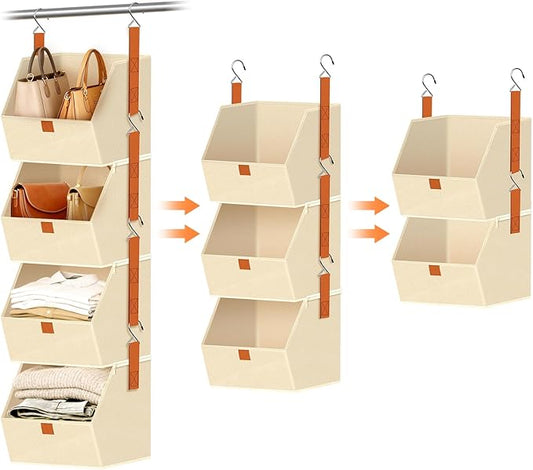 4-Tier Hanging Closet Organizer and Storage with Detachable Bins, Fabric Hanging Shelves for Closet, Dorm, Rv, Space-Saving Collapsible Basket for Handbags, Clothes (47” H)