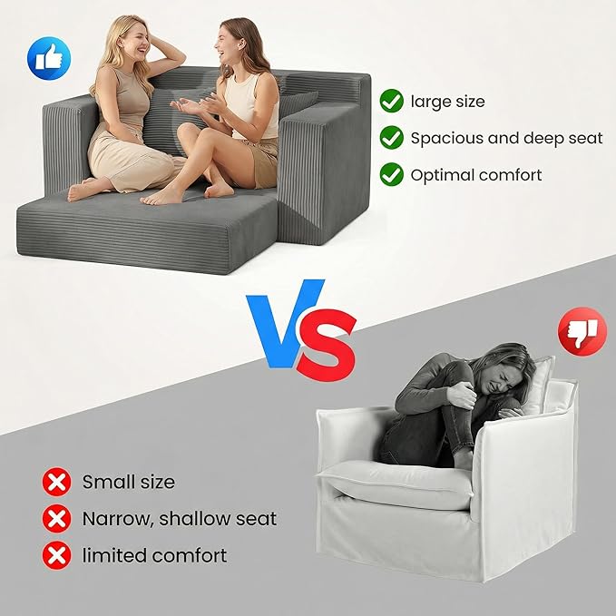 5 in 1 Convertible Sofa Bed,Small Boneless Couch Pull Out Loveseat Sleeper Sofa,Corduroy Futon Couch Folding Mattress with 4 Pillows for Living Room Bedroom Lounge (No Assembly)