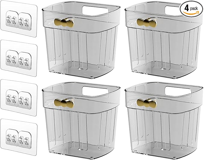 4 Pack Adhesive Cabinet Door Organizer, Compact Pantry Organizers and Storage Bins, Clear Bathroom Storage Organizer Shelf for Narrow Space, Wall Mounted Shower Caddy Hanging Sink Caddy