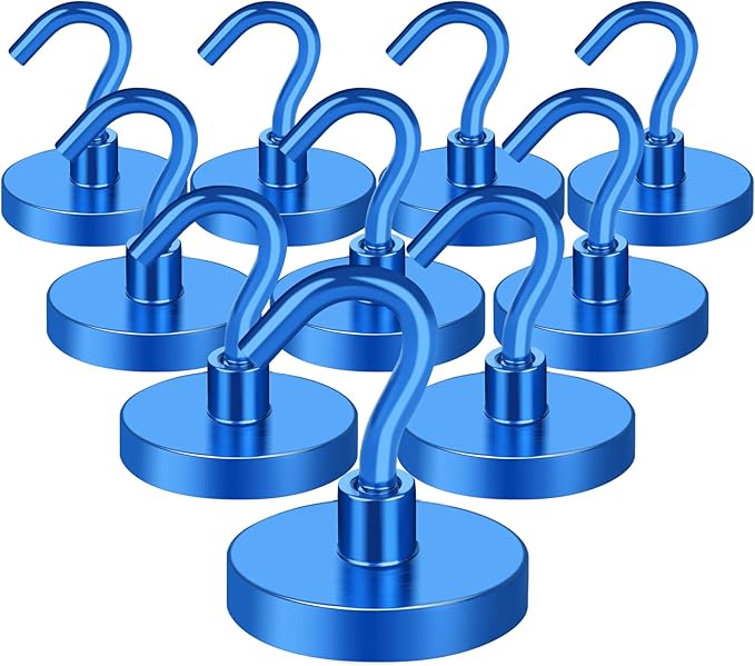 MIKEDE Strong Magnetic Hooks, 120Lbs Heavy Duty Magnetic Hooks for Cruise, Neodymium Earth Magnets with Hooks for Hanging, Super Metal Industrial Magnets for Grill, Storage (Blue,10 Pack)