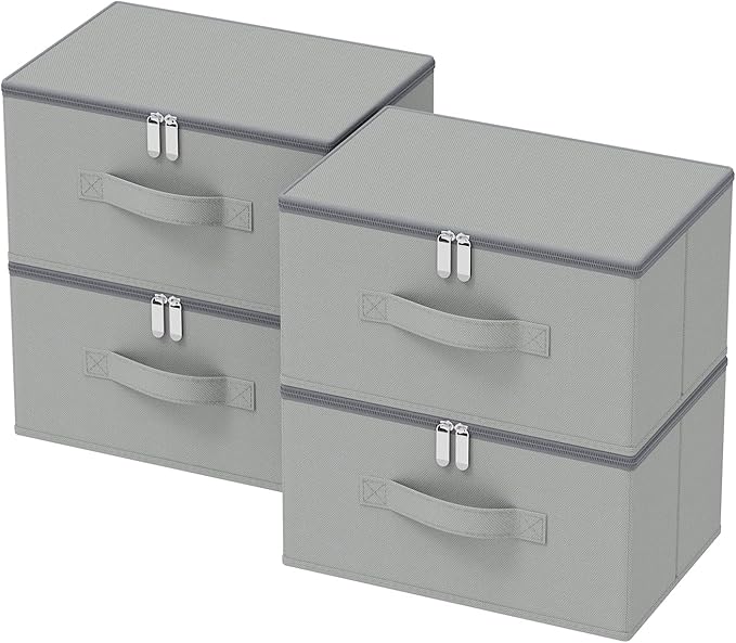 Storage Bins with Zipper, Cube Organizer Basket with Lid, Collapsible Stackable Closet Boxes, for Home and Bedroom, 4 Pack, Grey, 11.8 x 7.9 x 6.3 In, XSNY16GS-4