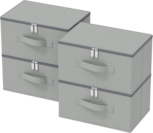 Storage Bins with Zipper, Cube Organizer Basket with Lid, Collapsible Stackable Closet Boxes, for Home and Bedroom, 4 Pack, Grey, 11.8 x 7.9 x 6.3 In, XSNY16GS-4