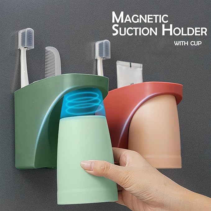 Magnetic Cup Toothbrush Holder for Bathroom,Wall Mounted Drill-Free Electric Toothbrushes Storage Organizer Space Saving, for Waterpik Oral-B, Family Father Mother and Son/Daughter (Rosepink)