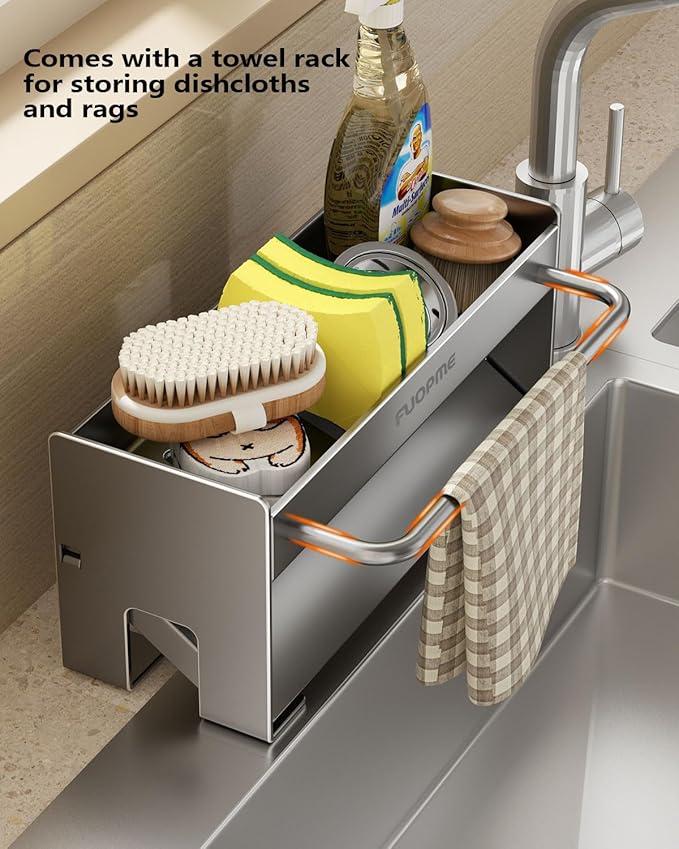 Kitchen Sink Organizer Sponge Holder:Sink Caddy with Dishrag Holder,Rustproof Carbon Steel with Auto-Drain,Dish Sponge & Soap Dispenser Towel Rack for Kitchen Countertop Storage, Grey