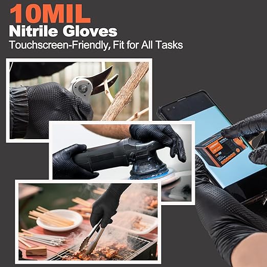 10mil Heavy Duty Nitrile Gloves,Black Disposable Rubber Gloves with Diamond Grip Anti Chemical Puncture Resistant Mechanics Guantes for Men/Auto repair/Cooking/Food Grade-Latex Free-Medium 100