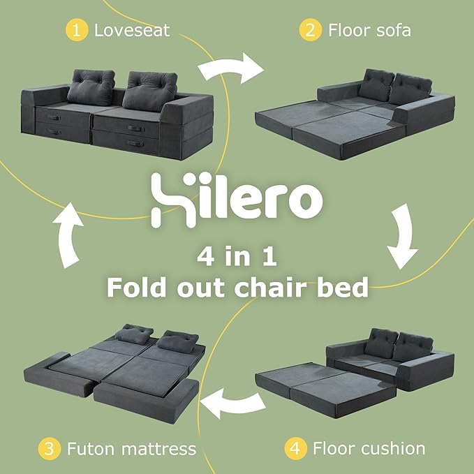 Folding Sofa Bed, 4 in 1 Convertible Sleeper Chair with Pillow, Loveseat Memory Foam Fold Out Chair Bed, Modern Floor Futon Sofa Couch Mattress for Living Room/Guest/Apartment, Black Grey | Compressed sofa, L shaped armrest, Sturdy backrest, Large supp...