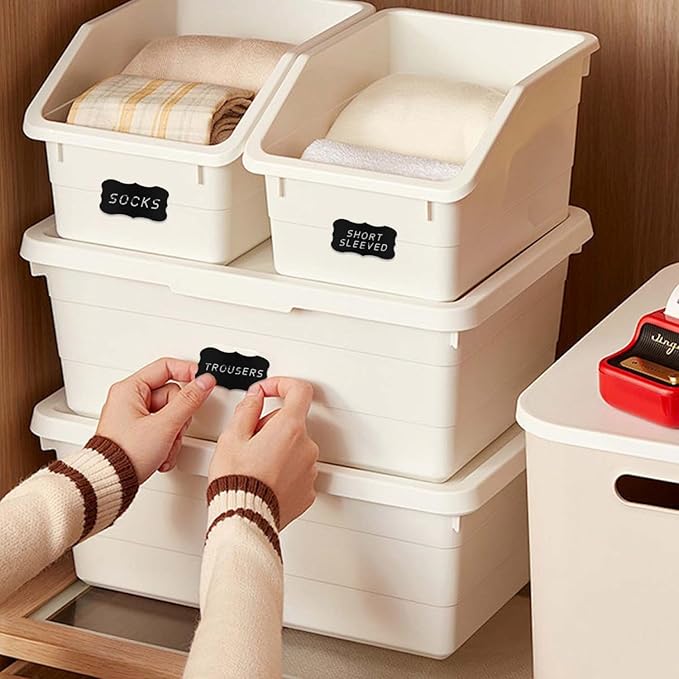 SenseYo 52 Pack Clip On Basket Labels Tag for Storage Bins with Chalk Markers for Storage Basket Holder (Black)