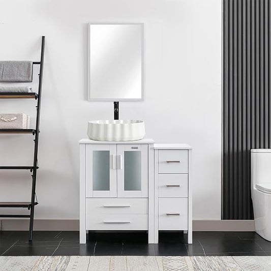 eclife 36" Modern Bathroom Vanity Sink Combo Freestanding Cabinet with Small Side Cabinet, White Shell Ceramic Vessel Sink, Water Save Faucet, Drain (White+T54)