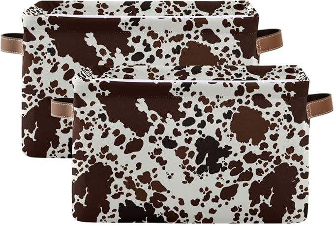 Storage Basket Cow Print Rectangular Collapsible Canvas Shelves Storage Bins with Leather Handles for Shelves Home Closet Bedroom Living Room, 2Pack