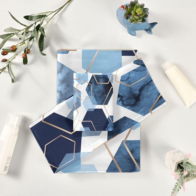Navy Blue Geometric Bath Towels Set,Ultra Soft 3 Piece Modern Art Sky Blue Abstract Towels for Bathroom,1 Bath Towel 1 Hand Towel 1 Washcloth,Absorbent Quick Dry Decoractive Bathroom Towels