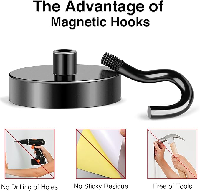 MIKEDE Magnetic Hooks, 85LB+ Strong Magnets Hooks Heavy Duty, Black Magnetic Hooks Fridge Magnets Neodymium with Hooks, Garage Hooks for Cruise, Classroom, Home, Kitchen - 6 Pack
