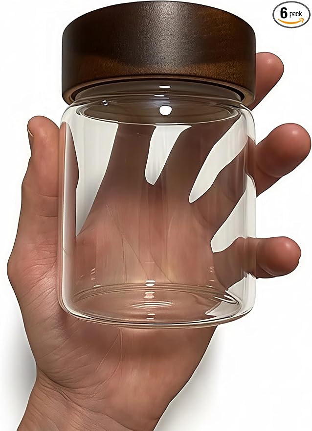 Wide Mouth Glass Storage Jars With 3" Acacia Wood Lids - 6 Pack of 9.1 Oz Airtight Food Storage Containers - Borosilicate Glass Canisters for Kitchen - Pantry Organizers and Storage for Rice Coffee