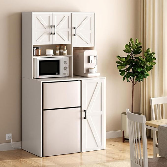 Mini Fridge Cabinet with Storage, Coffee Bar Cabinet with Mini Fridge Space and Outlet, Wine Bar Stand with Microwave Shelf, Beverage Station for Kitchen, Dorm, Office White KH02MRW