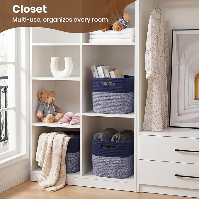 Storage Baskets for Organizing, 14 x 10 x 9” Closet Shelf Woven Baskets, Square Bins with Handles, Cotton Rope Basket for Toys, Clothes, Office, Room, Grey+Blue 1 Pack